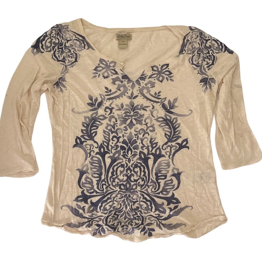 Lucky Brand Woman White Blue Paisley Knit Long Sleeve T Shirt Top M Medium Notch